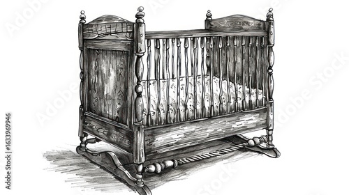 Vintage wooden cradle, detailed illustration.  Intricate design, showing aged wood,  with a simple,  classic form