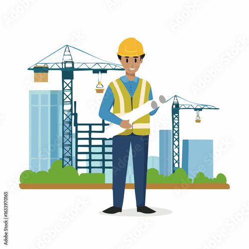 Vector illustration of a construction engineer supervising a building site while holding blueprints. Perfect for themes like engineering, planning, and civil projects.