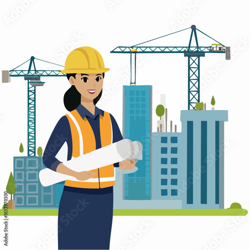 Vector illustration of a construction engineer supervising a building site while holding blueprints. Perfect for themes like engineering, planning, and civil projects.