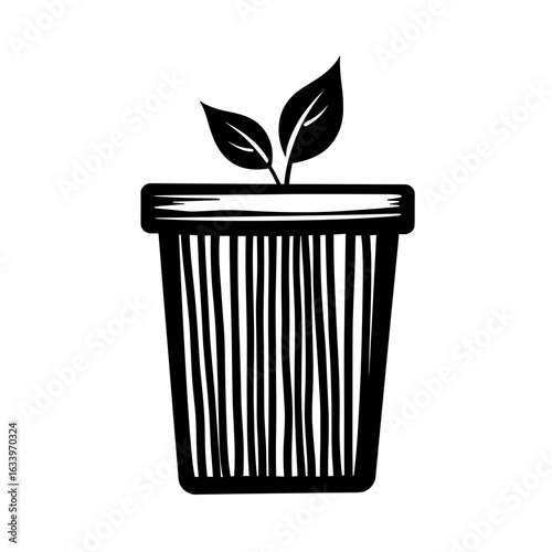 Black and white compost bin illustration with leaf icon, sustainability and eco-friendly waste management