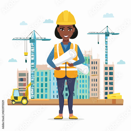 Vector illustration of a construction engineer supervising a building site while holding blueprints. Perfect for themes like engineering, planning, and civil projects.