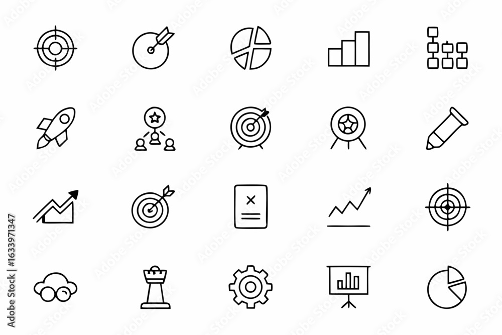 Fototapeta premium Bullseye with checklist, project goal map, timeline with milestones, strategy dartboard, objective compass, upward arrow to target, performance target ring, team goal tracker, goal visualization board
