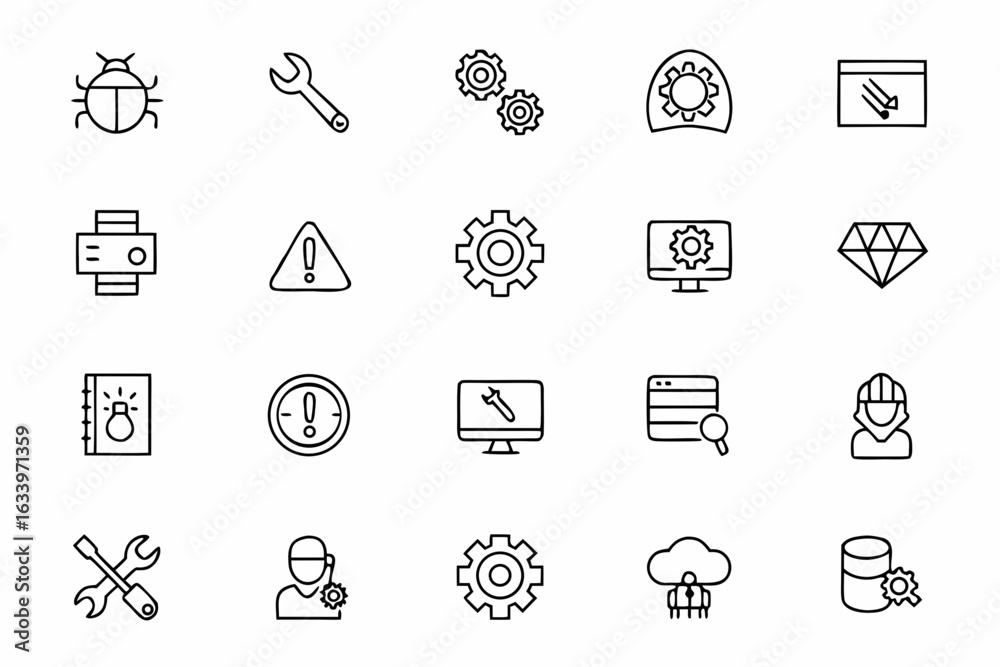 Fototapeta premium Technical Assistance & Troubleshooting Icons – Line Style Vectors for IT and User Support Systems