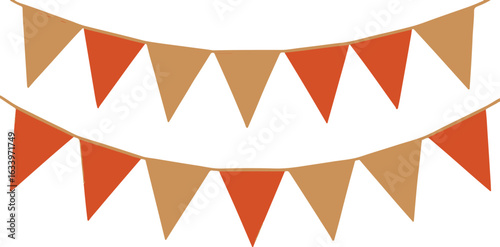 Two rows of festive orange and tan pennant banners