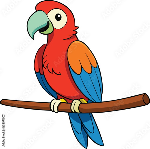 Vecteur de perroquet tropical coloré, un oiseau bleu et rouge avec des ailes sur une branche