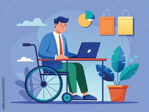 Man in Wheelchair Working on Laptop in Business Attire