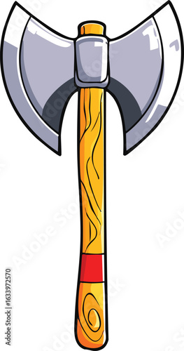 Cartoon illustration of a double-headed axe with a wooden handle.