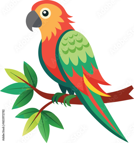 Vector cartoon illustration of a cute tropical parrot with yellow wings perched on a branch, drawing on nature with its beak and tail feathers
