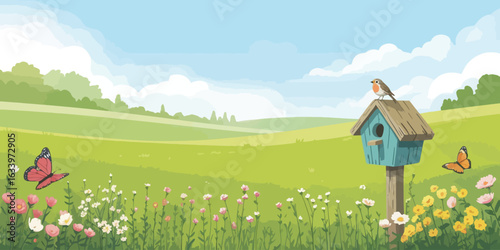 "Countryside landscape with colorful flowers, butterflies, and birdhouse under blue sky, depicting serene nature and springtime beauty"