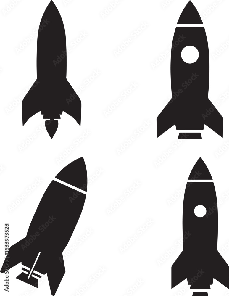 Fototapeta premium Four black rocket ship silhouettes in different dynamic poses silhouette