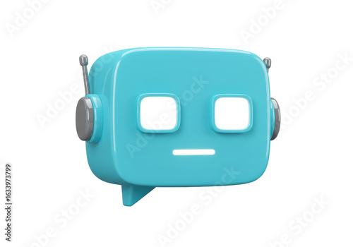 Photography Isolated Smiling Blue Robot Head with Speech Bubble