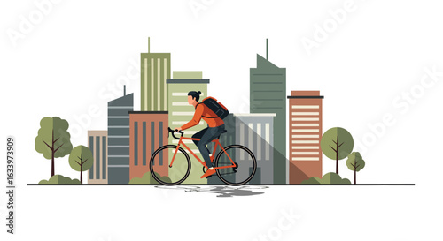 Vector illustration of modern urban mobility with a cyclist riding a bicycle against a city skyline.