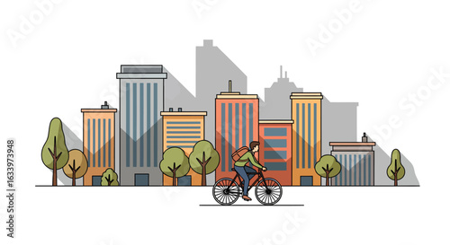 Eco-friendly urban commute with a cyclist riding past modern city buildings. Sustainable transportation concept in a minimalist line art style.
