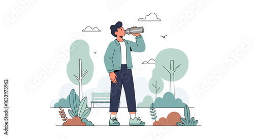 A young man stays hydrated by drinking water from a reusable bottle in a public park. Concept of wellness and healthy living.