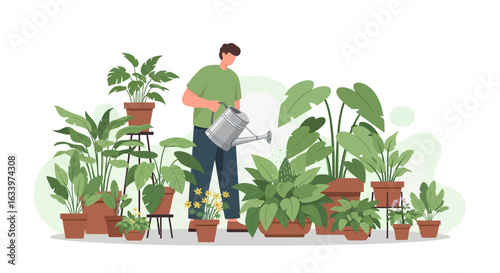 Young man enjoying his home gardening hobby, watering lush green houseplants with a can. A lifestyle concept of plant care.