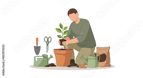 A man enjoys his home gardening hobby, carefully potting a young green plant into a large terracotta pot with tools nearby.