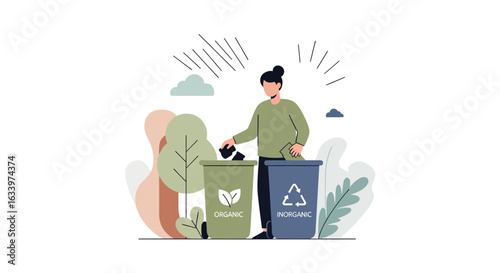Illustration of a person separating trash for recycling and composting. Sustainable living and waste management concept for environmental care.
