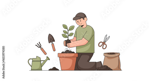 Young man engaged in his gardening hobby, carefully potting a green sapling into a clay pot surrounded by tools. Illustration of horticulture and leisure activity.