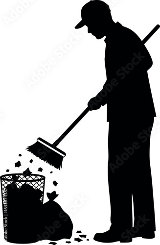 Janitor sweeping trash silhouette