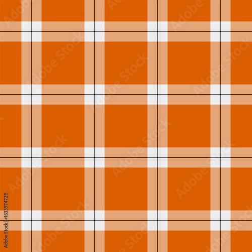 Classic plaid pattern in warm orange hues, accented with white and black stripes.  Timeless design ideal for backgrounds, textiles, and graphic projects needing a cozy and traditional touch.