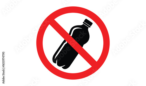 "Prohibition sign with plastic bottle silhouette crossed by red circle and diagonal line, symbolizing ban on plastic waste and pollution"