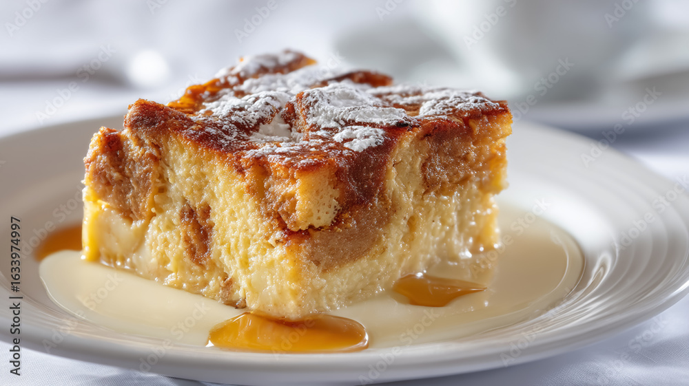 Sweet bread pudding topped with sugar and creamy sauce Sweet bread pudding topped with sugar and creamy sauce