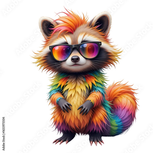 Colorful rainbow raccoon with stylish sunglasses and fluffy fur standing on black background
