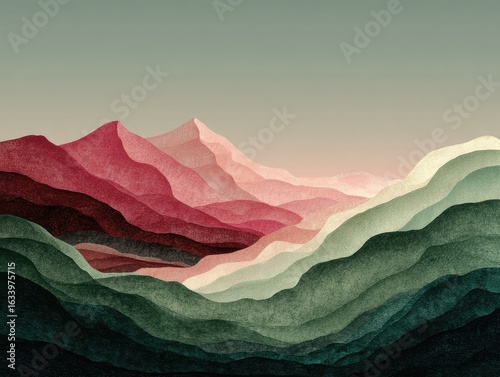 Abstract mountain range, layered in soft, muted colors of red, pink, green, and gray
