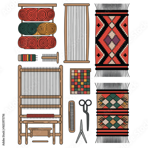 Berber rug weaving loom set with vertical loom, wool rolls, beating comb, color chart, scissors, and pattern grid black and white vector