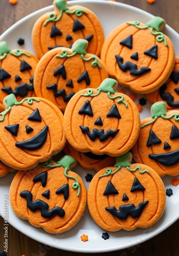 Photo of a plate full of delicious halloween pumpkin jackolantern sugar cookies with icing