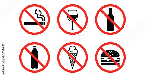 Set of prohibition signs showing no smoking, alcohol, sugary drinks, ice cream, and fast food, symbolizing health and dietary restrictions