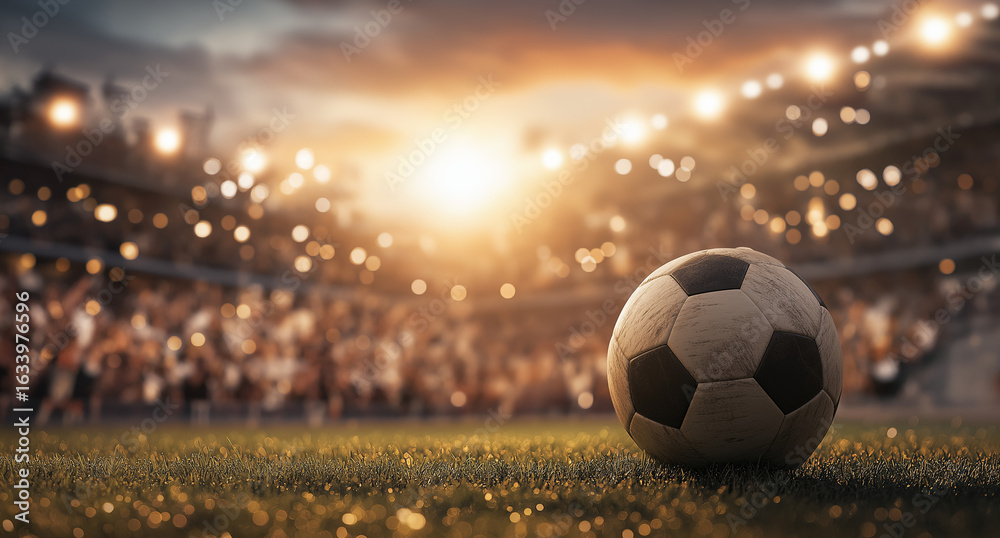 Fototapeta premium A soccer ball on the grass in front of an illuminated stadium with lights and people cheering during sunset. The background is a football field with fans