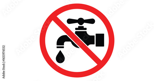Prohibition sign with water faucet and droplet crossed by red circle and diagonal line, symbolizing no water usage or conservation restriction