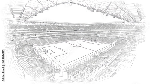 Panoramic line drawing of a large soccer stadium
