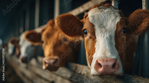 Wallpaper Mural A close-up of a cow's face with other cows in the background, highlighting their curious expressions in a barn setting. Torontodigital.ca
