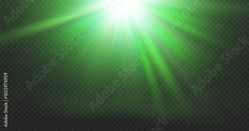 Green light glow effect with sparkle background and bright laser beam flare. Green star spotlight and black line shine for isolated png or vector design. Neon motion graphic brilliant bokeh flash.