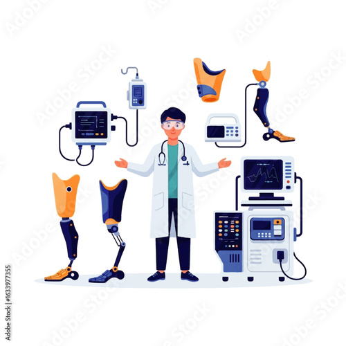 A doctor stands with arms open, showcasing medical equipment and prosthetic limbs.