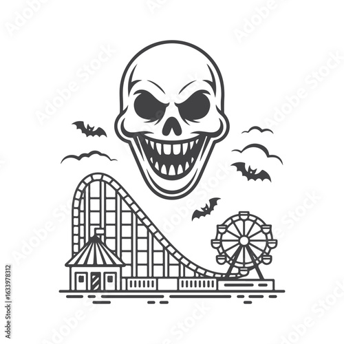Spooky amusement park with grinning skull and flying bats roller coaster ferris wheel