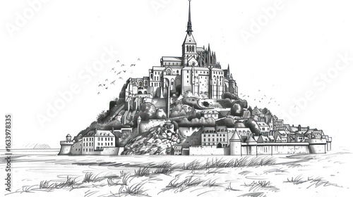 Detailed pencil sketch of Mont Saint-Michel