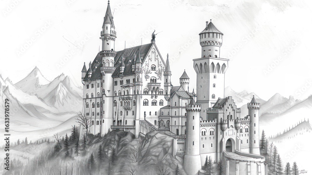 Obraz premium Monochromatic castle atop a mountain. Grey tones depict a grand fortress with towers, nestled amidst a snowy mountain range, with forested valleys