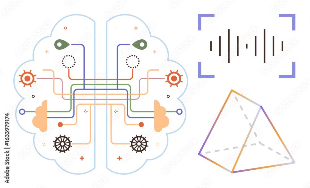 Obraz premium Brain diagram with interconnected circuits, soundwave for AI or neural network, and triangular prism. Ideal for technology, AI, neural interface, innovation, creativity, education abstract