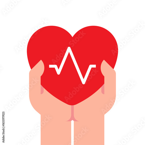illustration of hand holding heart with ECG heartbeat line. medical support, heart care, cardiovascular health, patient protection. for hospitals, apps, cardiology campaigns, and medical awareness