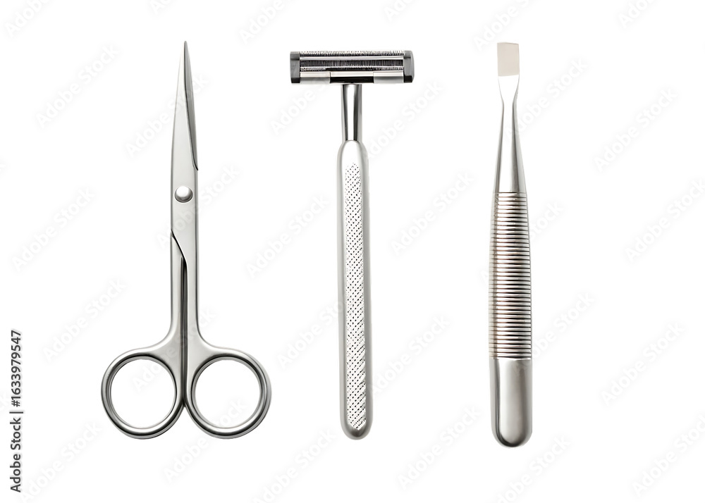 Silver grooming tools scissors razor cuticle pusher isolated on a transparent background image Silver grooming tools scissors razor cuticle pusher isolated on a transparent background image