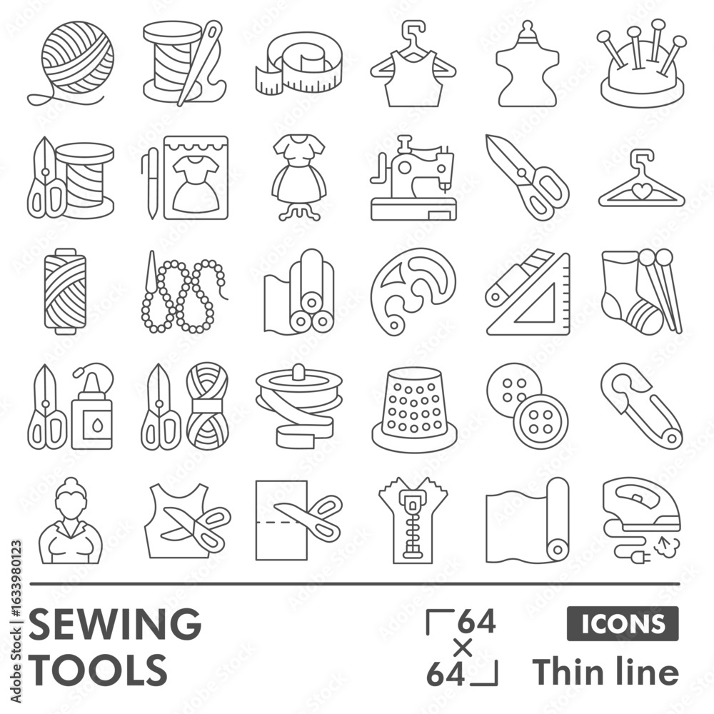 Fototapeta premium Sewing and knitting tools symbols collection or sketches, sewing theme in thin line style signs for web and app. Vector graphics isolated on white background.