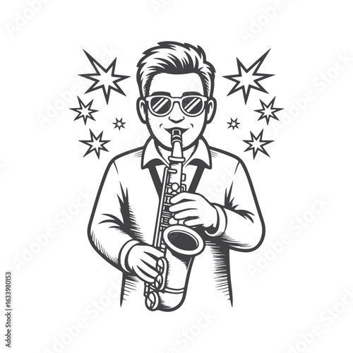 Stylish man playing saxophone with starbursts music musician