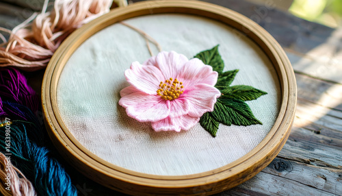 Delicate Flower Embroidery in a Wooden Hoop with Colorful Threads