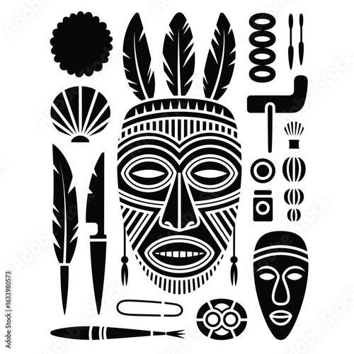 Black and white vector bundle of Papua New Guinean tribal mask crafting tools including clay, feathers, shells, carving knife, paint set, and mask mold