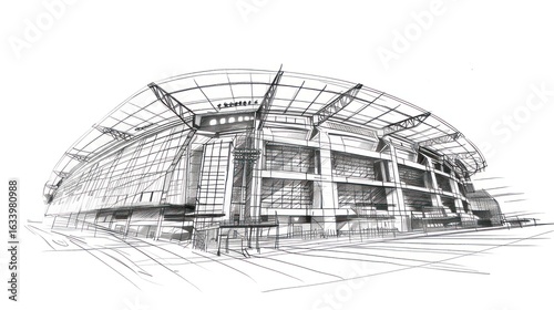 Architectural sketch of a large stadium.  Detailed black ink drawing of a modern stadium's facade, roof structure, and ground level. 