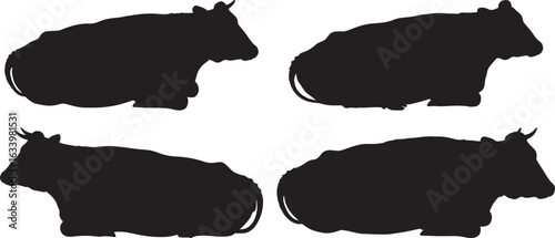 Four black silhouette images of a yak animal in different poses