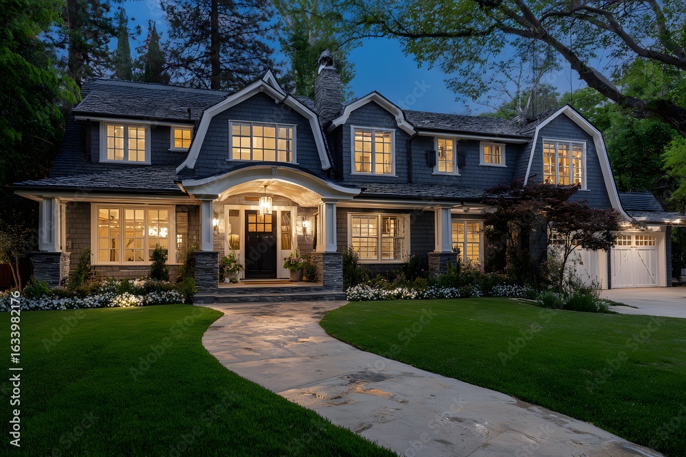 Obraz premium Luxurious Family Home Radiating Under Evening Skies